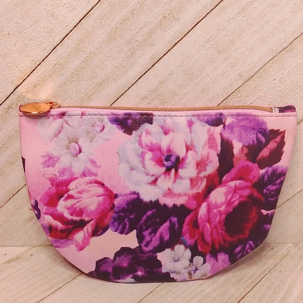 Ipsy Half Moon Small Purple and Pink Floral Makeup Bag